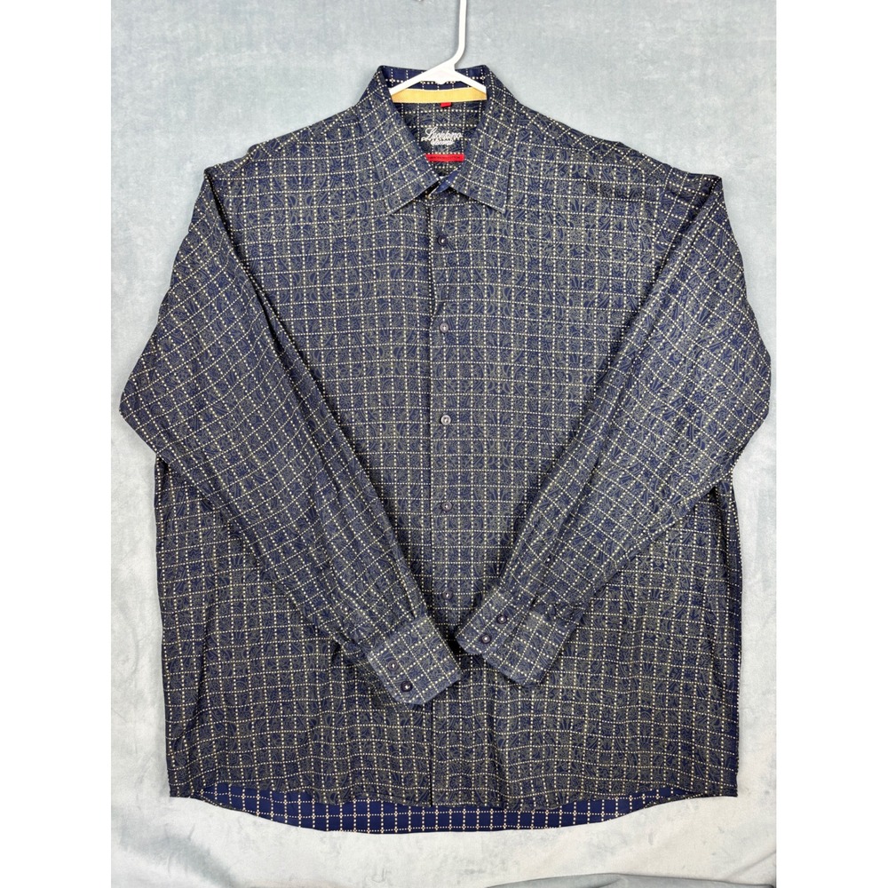 Luciano Visconti Mens 2XL Blue Tan Grid Paisley 2-Ply Mercerized Cotton Shirt